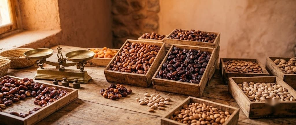 Wooden crates of dates, almonds and pistachios laid out on a rustic workshop table