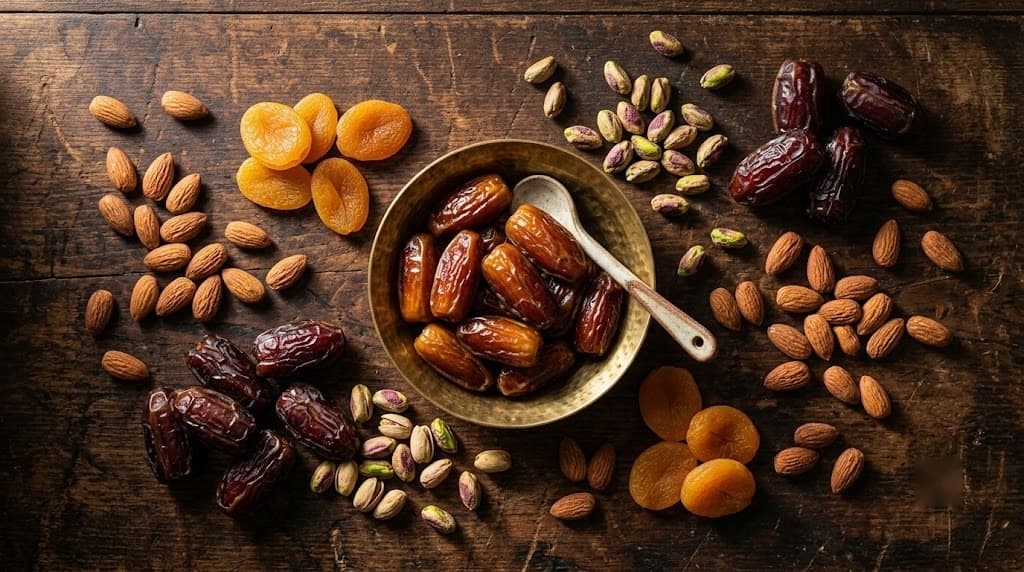 An artful arrangement of premium dates, almonds, pistachios and dried apricots
